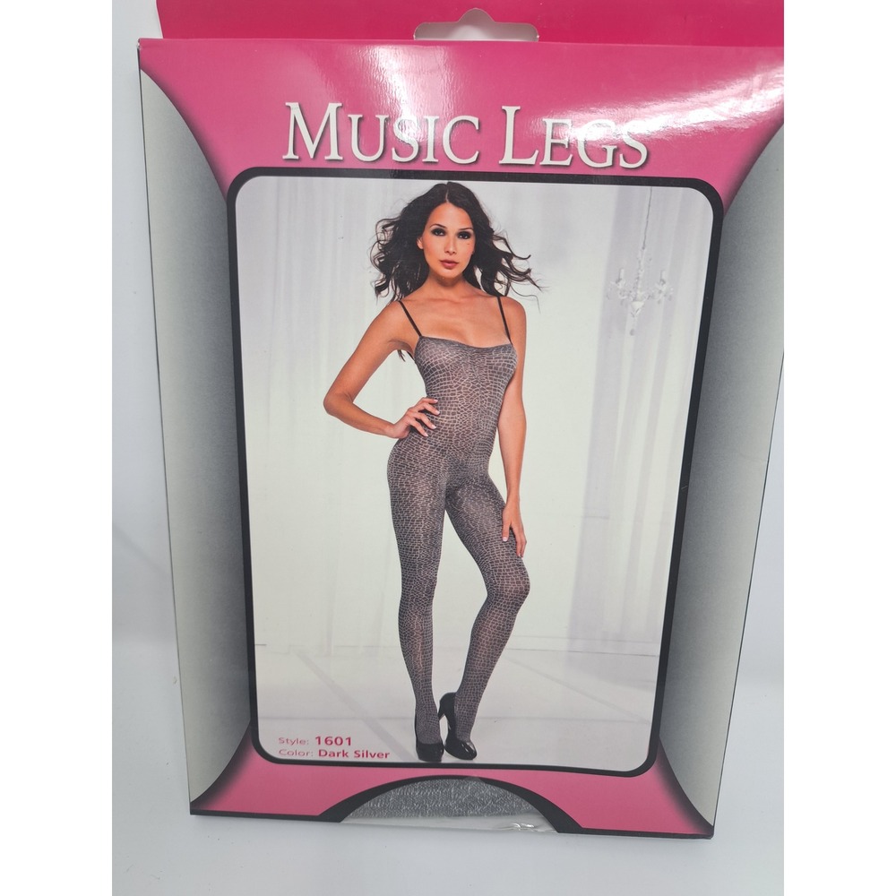 Music Legs 1601 Metallic Python Look Bodystocking Dark Silver One Size New